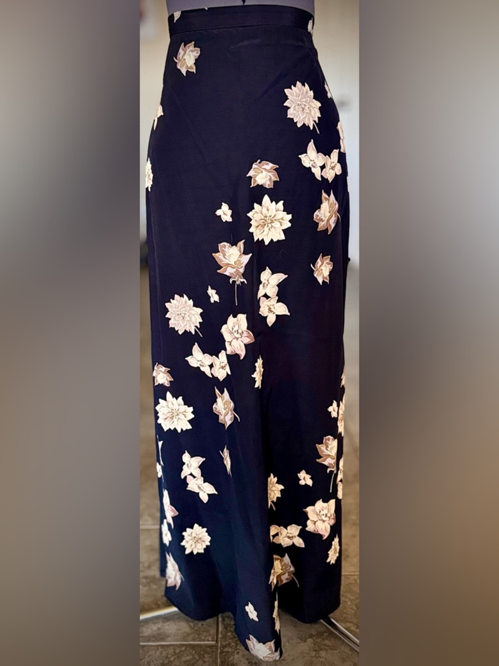 Vintage Black Floral Maxi Skirt L Tan Satin